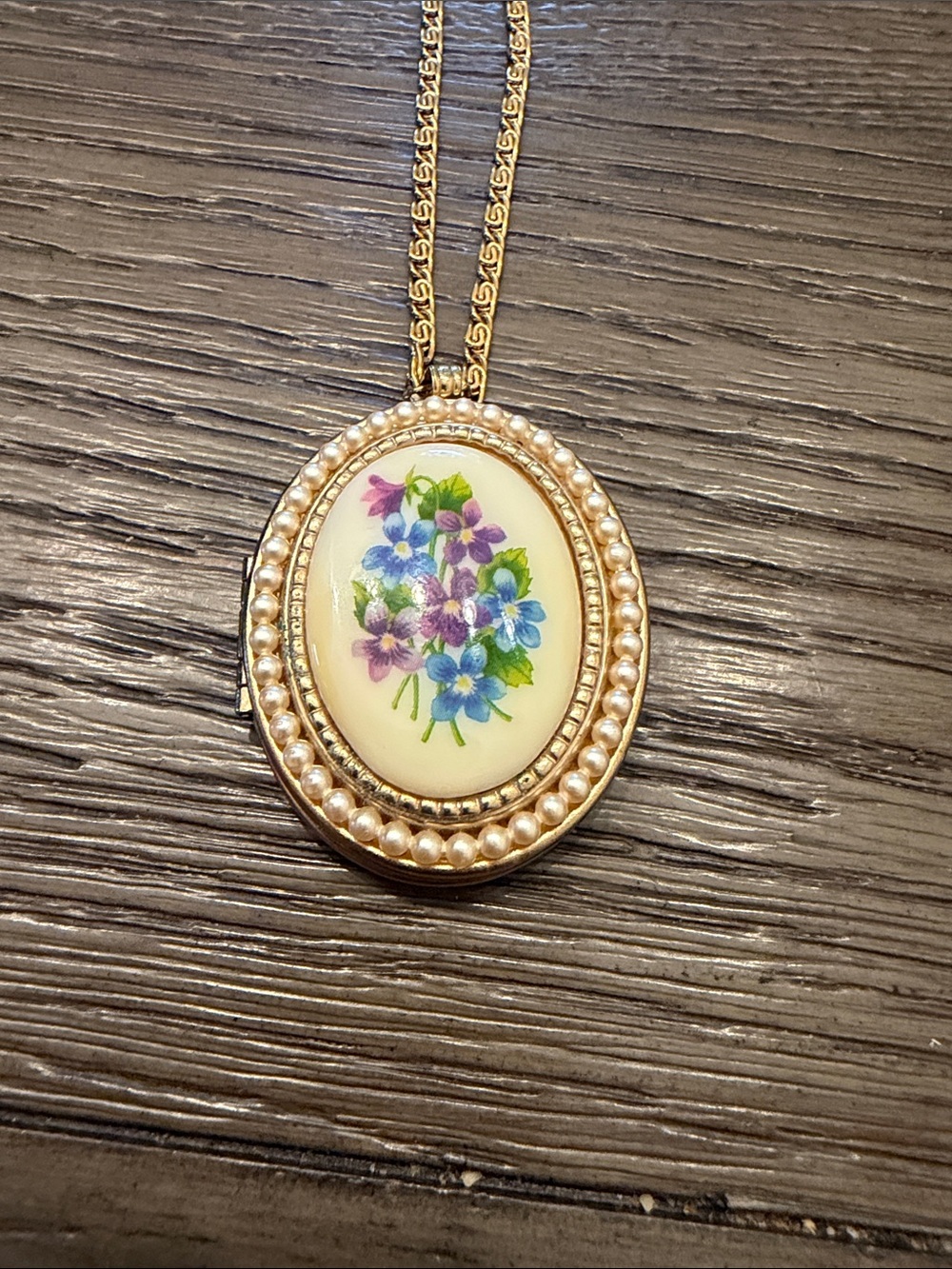 Avon 1973 Vintage Gold-Tone Floral Pearl Locket Necklace - Cream, Purple, Blue